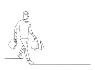Young man carrying shopping bags in continuous one line drawing. Man holding paper bags for fashion and shopping concept line draw. Editable vector.