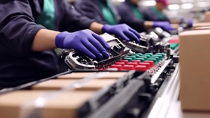 Workers in a production line assembling products with precision in a modern factory environment