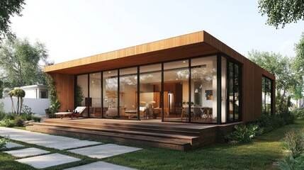 Modern wood house, sunny backyard, open plan living, architectural rendering, real estate