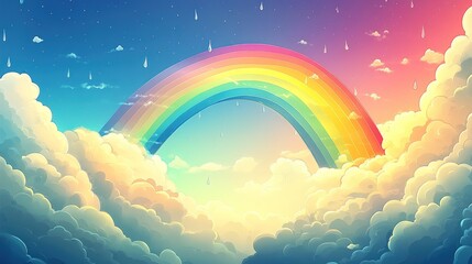 Vibrant Rainbow Arching Over Soft Clouds with Gentle Raindrops in a Serene Sky