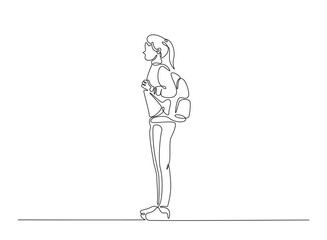 Woman from college or university with backpack in continuous one line drawing. Highschool woman student with backpack concept line draw. Editable vector.