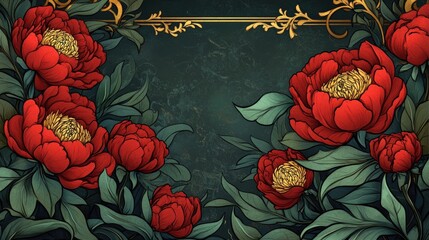 Vibrant red peonies surrounded by lush green leaves on a dark textured background