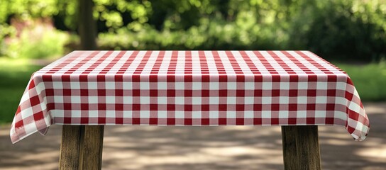 Red Gingham Tablecloth on Wooden Table Outdoors: Picnic Setting for Summer Fun and Relaxation in Nature's Embrace