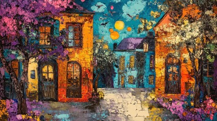 Fototapeta premium Night scene of colorful houses, trees, and moon.