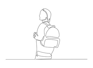 Woman from college or university with backpack in continuous one line drawing. Backpacker and student concept line draw. Editable vector.