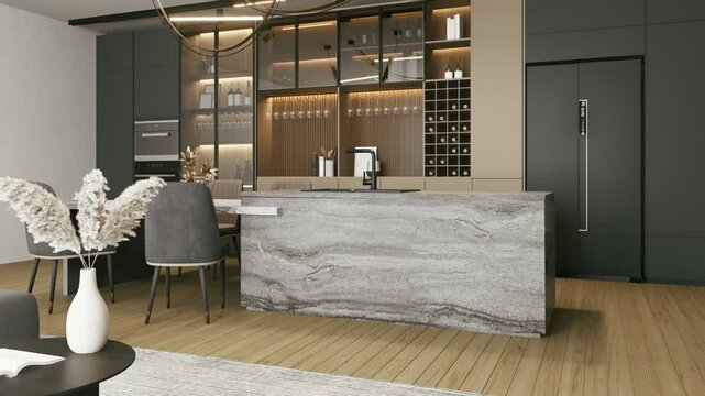A modern kitchen featuring a sleek marble dining table, stylish chairs, and elegant decor, set against a backdrop of wooden flooring and contemporary cabinetry. 3d rendering 4K video.