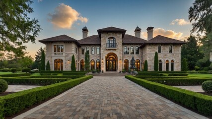 A grand European-style real estate with intricate stonework