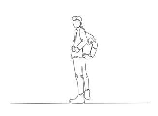 Young man from college or university with backpack in continuous one line drawing. Backpacker and student concept line draw. Editable vector.