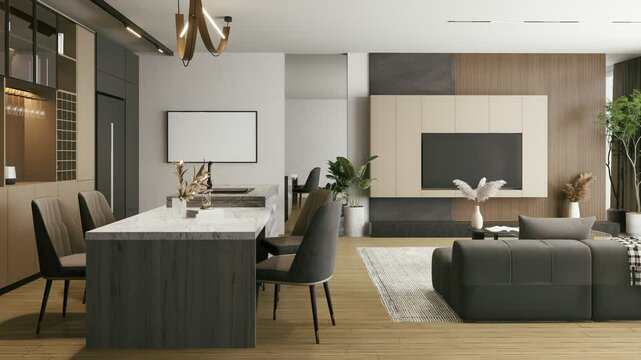 A modern, open-concept living space featuring a sleek sofa, dining area, and large windows, with a blend of natural wood and contemporary design elements. 3d rendering 4K video