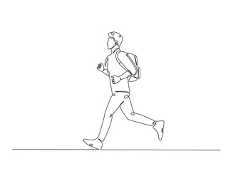 Young man from college or university with backpack in continuous one line drawing. Backpacker and student concept line draw. Editable vector.