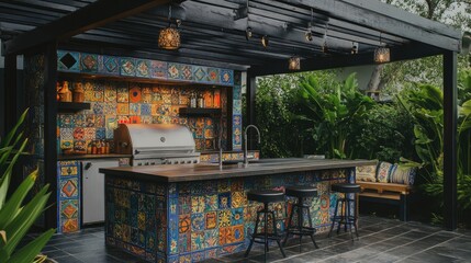 Fototapeta premium A tropical outdoor kitchen with vibrant, repainted tiles adding personality.