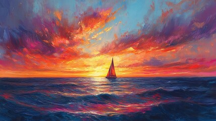 Vibrant sunset over the ocean with a lone sailboat navigating through colorful waves
