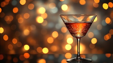 Elegant cocktail in a glass with bubbles, set against a backdrop of warm, glowing bokeh lights