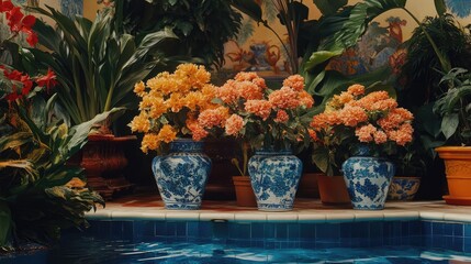 A tropical poolside scene with blue-tone, UV-protected painted tiles.