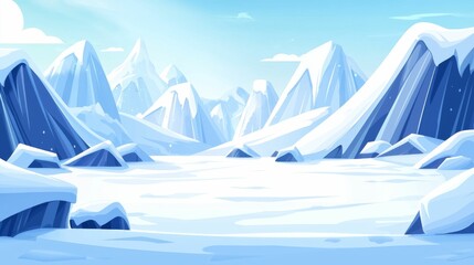 Serene Winter Landscape with Majestic Snow-Capped Mountains and a Frozen Lake Under Clear Blue Sky