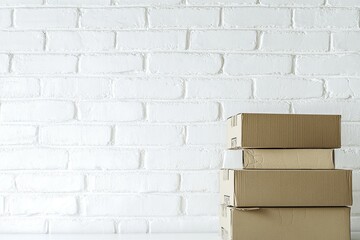 Obraz premium Stacking Cardboard Boxes Against White Brick Wall: A Simple Storage Solution