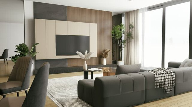 3D rendering animation, A modern living room featuring a sleek TV unit, comfortable sofa, decorative plants, and natural light from large windows.