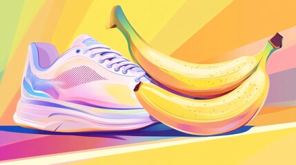 96.A colorful vector illustration of a shoe about to step on a banana peel. The banana is vibrant yellow, slightly curled, and laying on a clean floor surface, with the footâ€™s movement emphasized by