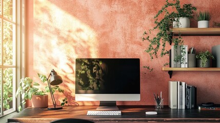 Fototapeta premium A warm-toned home office featuring a Peach Fuzz-painted background.