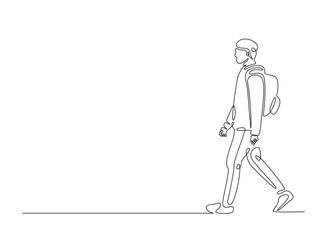 Young man from college or university with backpack in continuous one line drawing. Backpacker and student concept line draw. Editable vector.