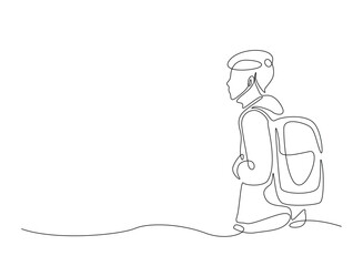 Young man from college or university with backpack in continuous one line drawing. Backpacker and student concept line draw. Editable vector.