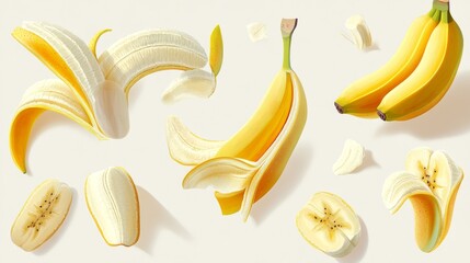 68.A detailed vector illustration set featuring a banana, half-peeled to reveal its bright yellow interior, along with several slices placed beside it. The transparent background enhances the clarity