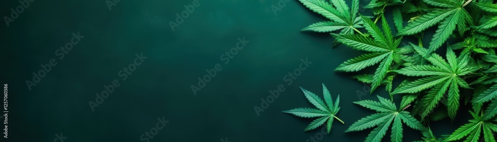 Poster cannabis leaves arranged on a dark green background creating a natural botanical composition