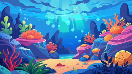 Colorful Underwater Scene Vibrant coral reef illustration with bright plants and bubbles. Perfect for ocean-themed designs.