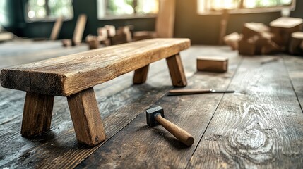 atmospheric shot of antique wooden bench in rustic workshop, surrounded by tools and wooden blocks, with sunlight streaming through windows