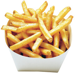 A paper tray holding crispy golden French fries, illustrated with a designer’s artistic touch, centered precisely with enough margin, transparent background, PNG