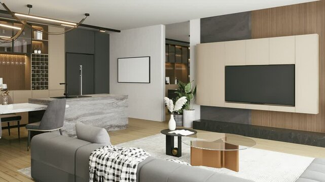 3D rensering animation, A modern living room featuring a sleek design, comfortable seating, a stylish coffee table, and a cozy dining area, all with warm wood tones and minimalist decor.