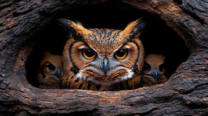 Majestic owl guarding its chicks in a tree hollow, surrounded by a serene forest backdrop