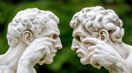 Naklejka premium Two Classical Sculptures in Contemplative Pose, Facing Each Other