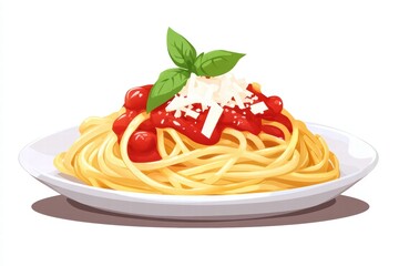 Delicious Plate of Spaghetti with Tomato Sauce and Basil Leaf
