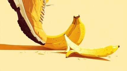 93.A humorous vector illustration showing a foot in a shoe about to step on a banana peel. The peel is slightly crumpled on the ground, and the shoe is mid-step, creating a motion of slipping. The
