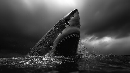 Majestic Great White Shark Breaching the Surface Under Dramatic Stormy Skies