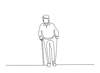 Old man walking with walking cane in continuous one line drawing. Elderly with walking cane line draw. Editable vector.