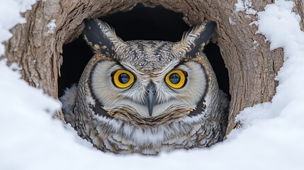 Majestic owl peering from a snowy tree hollow, surrounded by winter wonderland scenery
