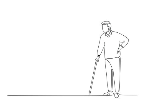 recommend clip art: Old man walking with walking cane in continuous one line drawing. Elderly with walking cane line draw. Editable vector.