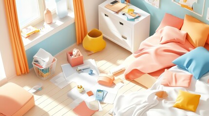 cluttered bedroom with scattered papers, books, and messy bed, bathed warm sunlight. room features window with yellow curtains, white dresser, and various items floor, creating cozy yet chaotic