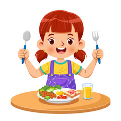 Cute little girl is enjoying her breakfast with fork and spoon
