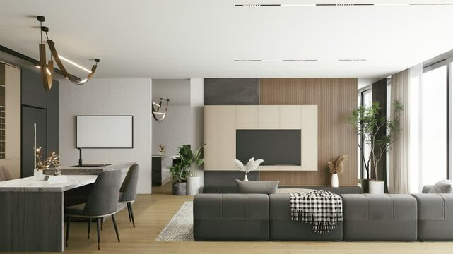 A modern, open-concept living space featuring a sleek sofa, dining area, and large windows, with a blend of natural wood and contemporary design elements. 3d rendering animation zoom-in shot.