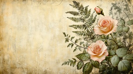 Vintage floral background featuring soft pink roses and green ferns on a textured beige canvas