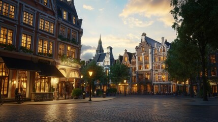Fototapeta premium Charming European Street at Twilight with Vibrant Architecture and Warm Golden Lights
