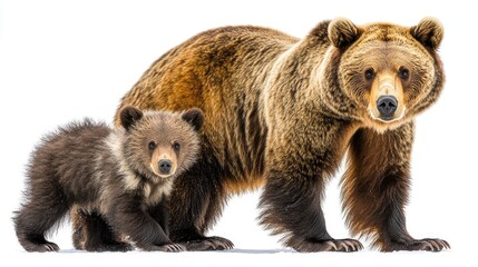 A mother bear and her cub standing together against a white background, showcasing their natural bond