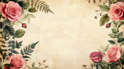 Vintage floral background with pink roses and ferns framing a blank space for text