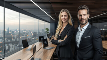 Confident Business Partners: A successful businesswoman and businessman stand side-by-side.