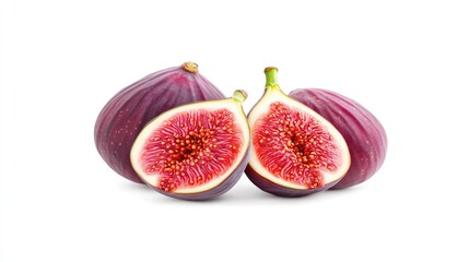 Freshly cut figs showcasing vibrant purple skin and juicy pink interior on a white background