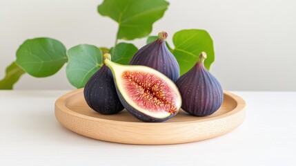 Fresh figs on a wooden plate with green leaves in the background, showcasing natural beauty