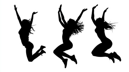 Silhouettes of joyful women jumping against a white background, conveying freedom and celebration